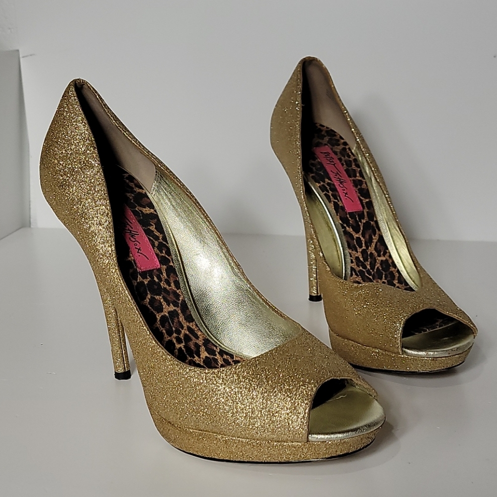 Betsey Johnson Gold Glitter Peep Toe Heels